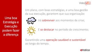Uma boa
Estratégia e
Execução
podem fazer
a diferença
Um plano, com boas estratégias, e uma boa gestão
da sua execução, garantem que sua organização:
Irá sobreviver aos momentos de crise;
E se destacar no período de crescimento;
Garantindo uma operação saudável e sustentável
ao longo do tempo.
 