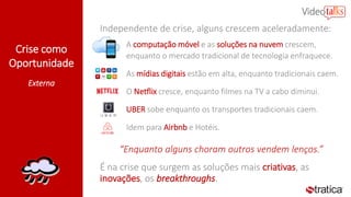 Crise como
Oportunidade
Externa
Independente de crise, alguns crescem aceleradamente:
• A computação móvel e as soluções na nuvem crescem,
enquanto o mercado tradicional de tecnologia enfraquece.
• As mídias digitais estão em alta, enquanto tradicionais caem.
• O Netflix cresce, enquanto filmes na TV a cabo diminui.
• UBER sobe enquanto os transportes tradicionais caem.
• Idem para Airbnb e Hotéis.
“Enquanto alguns choram outros vendem lenços.”
É na crise que surgem as soluções mais criativas, as
inovações, os breakthroughs.
 