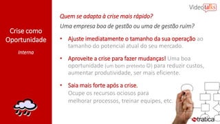 Crise como
Oportunidade
Interna
Quem se adapta à crise mais rápido?
Uma empresa boa de gestão ou uma de gestão ruim?
• Ajuste imediatamente o tamanho da sua operação ao
tamanho do potencial atual do seu mercado.
• Aproveite a crise para fazer mudanças! Uma boa
oportunidade (um bom pretexto ) para reduzir custos,
aumentar produtividade, ser mais eficiente.
• Saia mais forte após a crise.
Ocupe os recursos ociosos para
melhorar processos, treinar equipes, etc.
 