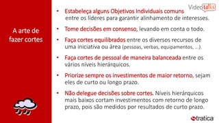 A arte de
fazer cortes
• Estabeleça alguns Objetivos Individuais comuns
entre os líderes para garantir alinhamento de interesses.
• Tome decisões em consenso, levando em conta o todo.
• Faça cortes equilibrados entre os diversos recursos de
uma iniciativa ou área (pessoas, verbas, equipamentos, ...).
• Faça cortes de pessoal de maneira balanceada entre os
vários níveis hierárquicos.
• Priorize sempre os investimentos de maior retorno, sejam
eles de curto ou longo prazo.
• Não delegue decisões sobre cortes. Níveis hierárquicos
mais baixos cortam investimentos com retorno de longo
prazo, pois são medidos por resultados de curto prazo.
 