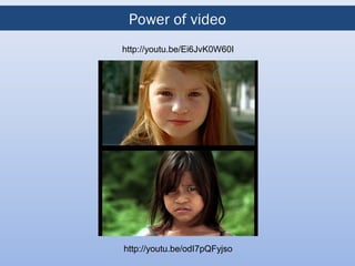 Power of video
http://youtu.be/Ei6JvK0W60I




http://youtu.be/odI7pQFyjso
 