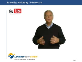 Applications Ways to use Video to engage your customers and clients:Client CommunicationProduct Review(s)Marketing / InfomercialDirect SalesParodyTraining