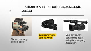 SUMBER VIDEO DAN FORMAT FAIL
VIDEO
Camcorder yang
bersaiz besar
Camcoder yang
bersaiz kecil
Saiz camcoder
bergantung pada
saiz pita video yang
dimuatkan.
 