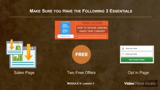 MAKE SURE YOU HAVE THE FOLLOWING 3 ESSENTIALS
Sales Page Two Free Offers Opt in Page
MODULE 6: Lesson 1
