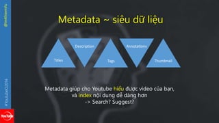 #YoutubeO2014 @imKhiemVu 
Metadata ~ siêu dữ liệu 
Annotations 
Metadata giúp cho Youtube hiểu được video của bạn, 
và index nội dung dễ dàng hơn 
-> Search? Suggest? 
Titles 
Description 
Tags Thumbnail 
 