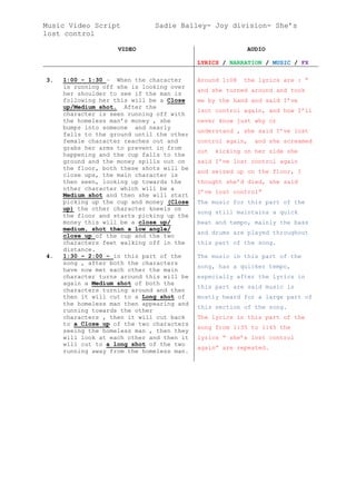 Music Video Script Sadie Bailey- Joy division- She’s
lost control
VIDEO AUDIO
LYRICS / NARRATION / MUSIC / FX
3. 1:00 – 1:30 – When the character
is running off she is looking over
her shoulder to see if the man is
following her this will be a Close
up/Medium shot. After the
character is seen running off with
the homeless man’s money , she
bumps into someone and nearly
falls to the ground until the other
female character reaches out and
grabs her arms to prevent in from
happening and the cup falls to the
ground and the money spills out on
the floor, both these shots will be
close ups, the main character is
then seen, looking up towards the
other character which will be a
Medium shot and then she will start
picking up the cup and money (Close
up) the other character kneels on
the floor and starts picking up the
money this will be a close up/
medium, shot then a low angle/
close up of the cup and the two
characters feet walking off in the
distance.
Around 1:08 the lyrics are : “
and she turned around and took
me by the hand and said I’ve
lsot control again, and how I’ll
never know just why or
understand , she said I’ve lost
control again, and she screamed
out kicking on her side she
said I’ve lost control again
and seized up on the floor, I
thought she’d died, she said
I’ve lost control”
The music for this part of the
song still maintains a quick
beat and tempo, mainly the bass
and drums are played throughout
this part of the song.
4. 1:30 – 2:00 – in this part of the
song , after both the characters
have now met each other the main
character turns around this will be
again a Medium shot of both the
characters turning around and then
then it will cut to a Long shot of
the homeless man then appearing and
running towards the other
characters , then it will cut back
to a Close up of the two characters
seeing the homeless man , then they
will look at each other and then it
will cut to a long shot of the two
running away from the homeless man.
The music in this part of the
song, has a quicker tempo,
especially after the lyrics in
this part are said music is
mostly heard for a large part of
this section of the song.
The lyrics in this part of the
song from 1:35 to 1:45 the
lyrics “ she’s lost control
again” are repeated.
 