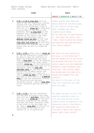 Music Video Script Sadie Bailey- Joy division- She’s
lost control
VIDEO AUDIO
LYRICS / NARRATION / MUSIC / FX
5. 2:00 – 2:30 A long shot will be
used of the two characters running
towards the tram platform where
they will be stood when, then it
will cut to a close up of them both
sitting down on the seat on the
platform. Then a long shot of the
homeless man, through one of the
windows of the tram to the other
side of the platform, then a
medium/ close up shot of the tram
leaving the platform, and then a
long shot and close up of the other
side where the homeless man is was
stood, were he will no longer be
there.
Drums, guitar, and bass are
mostly heard for the first part,
of this section of the song,
with a steady, yet still
slightly quick tempo.
At the last part of this section
of the song, the lyrics are :
“ well I had to phone her friend
and state my case and say she’s
lost control again”.
6. 2:30 – 3:00 – After this a close up
of the two character’s faces will
be used to show the confusion to
where the homeless man has gone.
Then a long shot of the two walking
towards another tram stop, there
another close up, of the characters
faces will be used when they sit on
the bench. Then an over the
shoulder shot of the main character
pulling out an empty wallet and
taking a picture of a male out ,
then a close up shot of the picture
and then it cuts back to a a Medium
shot of the two characters looking
at the picture and the main
character crying . Then a long shot
of the character getting onto the
tram.
The lyrics in this section of
the song at 2:38 which are “
and she showed up all the errors
and mistakes she said I’ve lost
control again, but she expressed
herself in many different ways
until she lost control again
and walked upon the edge of no
escape and laughed I’ve lost
control”.
The music in this part of the
song still maintains the same
beat and tempo.
7. 3:00 – 3:30 – The two characters
are now seen sitting on the tram,
this will be a mid-shot, which then
will cut to a close up of the main
character looking out the window,
and then the other character looks
at her with to try and cheer her
up. Then a long shot of the out of
the window of the tram of the
scenery as it is passing by.
The tempo and beat is still the
same but eventually start to
slow slow down having a more
calming sound, as opposed to the
aggressive sound it had before.
The lyrics for this start at
3:02 with “ she’s lost control
again, she’s lost control”
8.
 