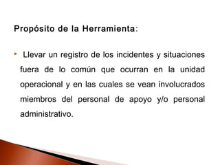 Propósito de la Herramienta:
 Llevar un registro de los incidentes y situaciones
fuera de lo común que ocurran en la unidad
operacional y en las cuales se vean involucrados
miembros del personal de apoyo y/o personal
administrativo.
 