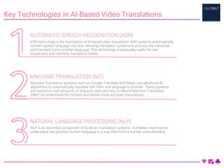 Key Technologies in AI-Based Video Translations
MACHINE TRANSLATION (MT)
Machine Translation systems such as Google Translate and DeepL use advanced AI
algorithms to automatically translate text from one language to another. These systems
are trained on vast amounts of linguistic data and rely on Neural Machine Translation
(NMT) to understand the context and deliver more accurate translations.
NATURAL LANGUAGE PROCESSING (NLP)
NLP is an essential component of AI-driven translation systems. It enables machines to
understand and process human language in a way that mimics human understanding.
AUTOMATIC SPEECH RECOGNITION (ASR)
ASR technology is the foundation of AI-based video translation. ASR systems automatically
convert spoken language into text, allowing translation systems to process the transcript
and translate it into another language. This technology is especially useful for live
broadcasts and real-time translation needs.
 