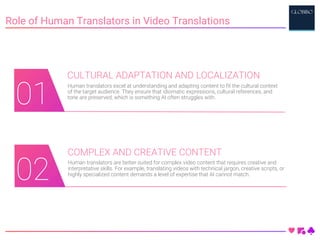 01
Role of Human Translators in Video Translations
CULTURAL ADAPTATION AND LOCALIZATION
Human translators excel at understanding and adapting content to fit the cultural context
of the target audience. They ensure that idiomatic expressions, cultural references, and
tone are preserved, which is something AI often struggles with.
COMPLEX AND CREATIVE CONTENT
Human translators are better suited for complex video content that requires creative and
interpretative skills. For example, translating videos with technical jargon, creative scripts, or
highly specialized content demands a level of expertise that AI cannot match.
02
01
 