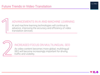 Future Trends in Video Translation
INCREASED FOCUS ON MULTILINGUAL SEO
As video content becomes more global, multilingual
SEO will become increasingly important for driving
traffic and visibility.
ADVANCEMENTS IN AI AND MACHINE LEARNING
AI and machine learning technologies will continue to
advance, improving the accuracy and efficiency of video
translation services.
 