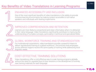 Key Benefits of Video Translations in Learning Programs
ENHANCED ACCESSIBILITY AND INCLUSION
One of the most significant benefits of video translations is the ability to provide
inclusive learning environments by making content accessible to non-native
speakers and individuals with hearing impairments.
IMPROVED COMPREHENSION AND RETENTION
Learners are more likely to comprehend and retain information when it is delivered
in their native language. Video translations significantly contribute to improving the
understanding of complex concepts, particularly in technical and specialized fields.
GLOBAL WORKFORCE TRAINING AND STANDARDIZATION
For multinational corporations, video translations provide a powerful means to
deliver standardized training to a global workforce. This ensures that employees
across different regions receive the same quality of training while addressing local
linguistic needs.
COST-EFFECTIVE TRAINING SOLUTIONS
Video translations offer a cost-effective way to scale training programs globally
without the need for repeated face-to-face sessions or the development of entirely
new training materials for each language.
 