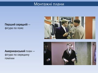 Монтажні плани



Перший середній —
фігура по пояс




Американський план —
фігура по середину
гомілки
 