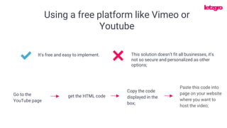 This solution doesn’t fit all businesses, it’s
not so secure and personalized as other
options;
Go to the
YouTube page
get the HTML code
Paste this code into
page on your website
where you want to
host the video;
Copy the code
displayed in the
box;
Using a free platform like Vimeo or
Youtube
It’s free and easy to implement.
 