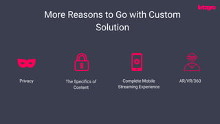 More Reasons to Go with Custom
Solution
Privacy The Specifics of
Content
AR/VR/360Сomplete Mobile
Streaming Experience
 