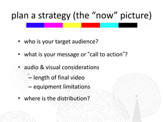 plan a strategy (the “now” picture)

 • who is your target audience?

 • what is your message or “call to action”?

 • audio & visual considerations
     – length of final video
     – equipment limitations
 • where is the distribution?
 
