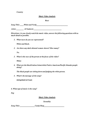 Country
Music Video Analysis
Race
Song Title: ____White and Nerdy__________________________________
Artist: ________ Al Yankovic ______________________________
Directions: As you closely watch the music video, answer the following questions with as
much detail as possible.
1. What races do you see represented?
White and black.
2. Are there any dark skinned women shown? How many?
No.
3. What is the race of the person at the focus of the video?
White
4. What are the black/Latino/Asian/white/Native American/Pacific Islander people
doing?
The black people are sitting down and judging the white person.
5. What³s the message of the song?
Actingblack isn’tcool.
6. What type of music is the song?
Pop
Music Video Analysis
Sexuality
Song Title: ________________Candy Shop______________________
 