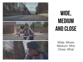 wide,
medium
and cLose
Wide: Where


Medium: Who


Close: What
 