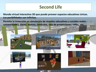 Second Life
Mundo virtual interactivo 3D que puede proveer espacios educativos únicos.
Las posibilidades son infinitas.
Permite la inmersión en simulación de mundos educativos y sociales reales -
universidades, clases, teatros, institutos, sala de proyecciones, cafés, etc.
 