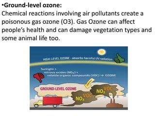 •Ground-level ozone:
Chemical reactions involving air pollutants create a
poisonous gas ozone (O3). Gas Ozone can affect
people’s health and can damage vegetation types and
some animal life too.
 