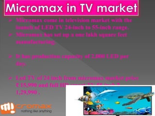  Micromax come in television market with the 
launch of LED TV 24-inch to 55-inch range. 
 Micromax has set up a one lakh square feet 
manufacturing. 
 It has production capacity of 2,000 LED per 
day. 
 Led TV of 24 inch from micromax market price 
₹ 15,990 and full HD smart TV 55 inch ₹ 
1,29,990 . 
 
