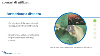 11
Formazione a distanza
• Registrazione video per diffusione
su piattaforme di e-learning
esistenti
• Condivisione della soggettiva del
medico, anche tramite streaming
scenari di utilizzo
Fonte del video: https://www.youtube.com/watch?v=ON5Guu62Ui0
 