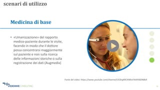 15
Medicina di base
• «Umanizzazione» del rapporto
medico-paziente durante le visite,
facendo in modo che il dottore
possa concentrarsi maggiormente
sul paziente e non sulla ricerca
delle informazioni storiche o sulla
registrazione dei dati (Augmedix)
scenari di utilizzo
Fonte del video: https://www.youtube.com/channel/UC0rgMIC4WkvFAthPdiDN8kA
 