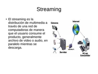 Streaming
● El streaming es la
distribución de multimedia a
través de una red de
computadoras de manera
que el usuario consume el
producto, generalmente
archivo de video o audio, en
paralelo mientras se
descarga.
 