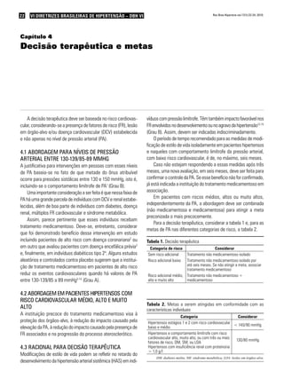 22 VI Diretrizes Brasileiras de Hipertensão – DBH VIVI Diretrizes Brasileiras de Hipertensão – DBH VI Rev Bras Hipertens vol.17(1):22-24, 2010.
Capítulo 4
Decisão terapêutica e metas
A decisão terapêutica deve ser baseada no risco cardiovas-
cular, considerando-se a presença de fatores de risco (FR), lesão
em órgão-alvo e/ou doença cardiovascular (DCV) estabelecida
e não apenas no nível de pressão arterial (PA).
4.1 Abordagem para níveis de pressão
arterial entre 130-139/85-89 mmHg
A justificativa para intervenções em pessoas com esses níveis
de PA baseia-se no fato de que metade do ônus atribuível
ocorre para pressões sistólicas entre 130 e 150 mmHg, isto é,
incluindo-se o comportamento limítrofe de PA1
(Grau B).
Uma importante consideração a ser feita é que nessa faixa de
PA há uma grande parcela de indivíduos com DCV e renal estabe-
lecidas, além de boa parte de indivíduos com diabetes, doença
renal, múltiplos FR cardiovascular e síndrome metabólica.
Assim, parece pertinente que esses indivíduos recebam
tratamento medicamentoso. Deve-se, entretanto, considerar
que foi demonstrado benefício dessa intervenção em estudo
incluindo pacientes de alto risco com doença coronariana2
ou
em outro que avaliou pacientes com doença encefálica prévia3
e, finalmente, em indivíduos diabéticos tipo 24
. Alguns estudos
aleatórios e controlados contra placebo sugerem que a institui-
ção de tratamento medicamentoso em pacientes de alto risco
reduz os eventos cardiovasculares quando há valores de PA
entre 130-139/85 a 89 mmHg5-14
(Grau A).
4.2 Abordagem em pacientes hipertensos com
risco cardiovascular médio, alto e muito
alto
A instituição precoce do tratamento medicamentoso visa à
proteção dos órgãos-alvo, à redução do impacto causado pela
elevação da PA, à redução do impacto causado pela presença de
FR associados e na progressão do processo aterosclerótico.
4.3 Racional para decisão terapêutica
Modificações de estilo de vida podem se refletir no retardo do
desenvolvimentodahipertensãoarterialsistêmica(HAS)emindi-
víduoscompressãolimítrofe.Têmtambémimpactofavorávelnos
FRenvolvidosnodesenvolvimentoounoagravodahipertensão12-15
(Grau B). Assim, devem ser indicadas indiscriminadamente.
O período de tempo recomendado para as medidas de modi-
ficação de estilo de vida isoladamente em pacientes hipertensos
e naqueles com comportamento limítrofe da pressão arterial,
com baixo risco cardiovascular, é de, no máximo, seis meses.
Caso não estejam respondendo a essas medidas após três
meses, uma nova avaliação, em seis meses, deve ser feita para
confirmar o controle da PA. Se esse benefício não for confirmado,
já está indicada a instituição do tratamento medicamentoso em
associação.
Em pacientes com riscos médios, altos ou muito altos,
independentemente da PA, a abordagem deve ser combinada
(não medicamentosa e medicamentosa) para atingir a meta
preconizada o mais precocemente.
Para a decisão terapêutica, considerar a tabela 1 e, para as
metas de PA nas diferentes categorias de risco, a tabela 2.
Tabela 1. Decisão terapêutica
Categoria de risco Considerar
Sem risco adicional Tratamento não medicamentoso isolado
Risco adicional baixo Tratamento não medicamentoso isolado por
até seis meses. Se não atingir a meta, associar
tratamento medicamentoso
Risco adicional médio,
alto e muito alto
Tratamento não medicamentoso +
medicamentoso
Tabela 2. Metas a serem atingidas em conformidade com as
características individuais
Categoria Considerar
Hipertensos estágios 1 e 2 com risco cardiovascular
baixo e médio
< 140/90 mmHg
Hipertensos e comportamento limítrofe com risco
cardiovascular alto, muito alto, ou com três ou mais
fatores de risco, DM, SM, ou LOA
Hipertensos com insuficiência renal com proteinúria
> 1,0 g/l
130/80 mmHg
DM: diabetes melito; SM: síndrome metabólica; LOA: lesões em órgãos-alvo.
 