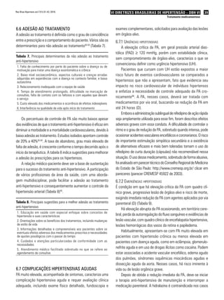 39VI Diretrizes Brasileiras de Hipertensão – DBH VI
Tratamento medicamentoso
Rev Bras Hipertens vol.17(1):31-43, 2010.
6.6 Adesão ao tratamento
A adesão ao tratamento é definida como o grau de coincidência
entre a prescrição e o comportamento do paciente. Vários são os
determinantes para não adesão ao tratamento90-92
(Tabela 7).
Tabela 7. Principais determinantes da não adesão ao tratamento
anti-hipertensivo
1. Falta de conhecimento por parte do paciente sobre a doença ou de
motivação para tratar uma doença assintomática e crônica
2. Baixo nível socioeconômico, aspectos culturais e crenças erradas
adquiridas em experiências com a doença no contexto familiar, e baixa
autoestima
3. Relacionamento inadequado com a equipe de saúde
4. Tempo de atendimento prolongado, dificuldade na marcação de
consultas, falta de contato com os faltosos e com aqueles que deixam
o serviço
5. Custo elevado dos medicamentos e ocorrência de efeitos indesejáveis
6. Interferência na qualidade de vida após início do tratamento
Os percentuais de controle de PA são muito baixos apesar
das evidências de que o tratamento anti-hipertensivo é eficaz em
diminuir a morbidade e a mortalidade cardiovasculares, devido à
baixa adesão ao tratamento. Estudos isolados apontam controle
de 20% a 40%93,94
. A taxa de abandono, grau mais elevado de
falta de adesão, é crescente conforme o tempo decorrido após o
início da terapêutica. A tabela 8 indica sugestões para melhorar
a adesão às prescrições para os hipertensos.
A relação médico-paciente deve ser a base de sustentação
para o sucesso do tratamento anti-hipertensivo. A participação
de vários profissionais da área da saúde, com uma aborda-
gem multidisciplinar, pode facilitar a adesão ao tratamento
anti-hipertensivo e consequentemente aumentar o controle da
hipertensão arterial (Tabela 8)95
.
Tabela 8. Principais sugestões para a melhor adesão ao tratamento
anti-hipertensivo
1. Educação em saúde com especial enfoque sobre conceitos de
hipertensão e suas características
2. Orientações sobre os benefícios dos tratamentos, incluindo mudanças
de estilo de vida
3. Informações detalhadas e compreensíveis aos pacientes sobre os
eventuais efeitos adversos dos medicamentos prescritos e necessidades
de ajustes posológicos com o passar do tempo
4. Cuidados e atenções particularizadas de conformidade com as
necessidades
5. Atendimento médico facilitado sobretudo no que se refere ao
agendamento de consultas
6.7 Complicações hipertensivas agudas
PA muito elevada, acompanhada de sintomas, caracteriza uma
complicação hipertensiva aguda e requer avaliação clínica
adequada, incluindo exame físico detalhado, fundoscopia e
exames complementares, solicitados para avaliação das lesões
em órgãos-alvo.
6.7.1 Urgências hipertensivas
A elevação crítica da PA, em geral pressão arterial dias-
tólica (PAD) ≥ 120 mmHg, porém com estabilidade clínica,
sem comprometimento de órgãos-alvo, caracteriza o que se
convencionou definir como urgência hipertensiva (UH).
Pacientes que cursam com UH estão expostos a maior
risco futuro de eventos cardiovasculares se comparados a
hipertensos que não a apresentam, fato que evidencia seu
impacto no risco cardiovascular de indivíduos hipertensos
e enfatiza a necessidade de controle adequado da PA cro-
nicamente96
. A PA, nesses casos, deverá ser tratada com
medicamentos por via oral, buscando-se redução da PA em
até 24 horas (D).
Emboraaadministraçãosublingualdenifedipinodeaçãorápida
seja amplamente utilizada para esse fim, foram descritos efeitos
adversos graves com essa conduta. A dificuldade de controlar o
ritmo e o grau de redução da PA, sobretudo quando intensa, pode
ocasionaracidentesvascularesencefálicosecoronarianos.Orisco
de importante estimulação simpática secundária e a existência
de alternativas eficazes e mais bem toleradas tornam o uso do
nifedipino de curta duração (cápsulas) não recomendável nessa
situação.Ousodessemedicamento,sobretudodeformaabusiva,
foianalisadoemparecertécnicodoConselhoRegionaldeMedicina
do Estado de São Paulo: http://www.cremesp.org.br/ clicar em
pareceres (parecer CREMESP 45922 de 2003).
6.7.2 Emergências hipertensivas
É condição em que há elevação crítica da PA com quadro clí-
nico grave, progressiva lesão de órgãos-alvo e risco de morte,
exigindo imediata redução da PA com agentes aplicados por via
parenteral (D) (Tabela 9).
Há elevação abrupta da PA ocasionando, em território cere-
bral, perda da autorregulação do fluxo sanguíneo e evidências de
lesão vascular, com quadro clínico de encefalopatia hipertensiva,
lesões hemorrágicas dos vasos da retina e papiledema.
Habitualmente, apresentam-se com PA muito elevada em
pacientes com hipertensão crônica ou menos elevada em
pacientes com doença aguda, como em eclâmpsia, glomerulo-
nefrite aguda e em uso de drogas ilícitas como cocaína. Podem
estar associadas a acidente vascular encefálico, edema agudo
dos pulmões, síndromes isquêmicas miocárdicas agudas e
dissecção aguda da aorta. Nesses casos, há risco iminente à
vida ou de lesão orgânica grave.
Depois de obtida a redução imediata da PA, deve-se iniciar
a terapia anti-hipertensiva de manutenção e interromper a
medicação parenteral. A hidralazina é contraindicada nos casos
 