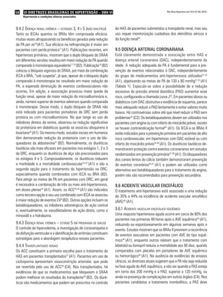 58 VI Diretrizes Brasileiras de Hipertensão – DBH VI
Hipertensão e condições clínicas associadas
Rev Bras Hipertens vol.17(1):57-60, 2010.
9.4.2 Doença renal crônica – estágios 3, 4 e 5 (não dialítica)
Tanto os IECAs quantos os BRAs têm comprovada eficácia,
muitas vezes ultrapassando os benefícios gerados pela redução
da PA per se16
(A1). Sua eficácia na nefroproteção é maior em
pacientes com perda proteica11
(A1). Publicações recentes, em
hipertensos primários, mostram que o duplo bloqueio do SRAA
em diferentes versões resultou em maior redução da PA quando
comparado à monoterapia equivalente17,18
(B2). Publicação19
(B2)
colocou o bloqueio vigoroso do SRAA, por meio da combinação
IECA e BRA, “sob suspeita”, já que, apesar de o bloqueio duplo
comparado à monoterapia ter resultado em maior redução da
PA, a esperada diminuição de eventos cardiovasculares não
ocorreu. Em adição, a associação provocou maior queda da
função renal, apesar de maior redução da microalbuminúria e,
ainda, número superior de eventos adversos quando comparada
à monoterapia. Desse modo, o duplo bloqueio do SRAA não
está indicado para pacientes portadores de DRC sem perda
proteica ou com microalbuminúria. No que tange ao uso de
inibidores diretos da renina, observou-se redução significativa
da proteinúria em diabéticos quando se associou alisquireno à
losartana20
(A1). Do mesmo modo, estudos iniciais em humanos
têm demonstrado redução da proteinúria com o uso de blo-
queadores da aldosterona21
(B2). Normalmente, os diuréticos
tiazídicos são mais eficazes em pacientes nos estágios 1, 2 e 3
da DRC, enquanto os diuréticos de alça são preconizados para
os estágios 4 e 5. Comprovadamente, os diuréticos reduzem
a morbidade e a mortalidade cardiovascular22,23
(A1) e são a
segunda opção para o tratamento da hipertensão na DRC,
especialmente quando combinados com IECA ou BRA (B2).
Para atingir as metas de PA em pacientes com DRC, em geral
é necessária a combinação de três ou mais anti-hipertensivos,
em doses plenas24
(A1). Assim, os ACC25,26
(A1) são indicados
como terceira opção e seu uso combinado com IECA se associou
à maior redução de eventos CV9
(B2). Outras opções incluem os
betabloqueadores, os inibidores adrenérgicos de ação central
e, eventualmente, os vasodilatadores de ação direta, como o
minoxidil e a hidralazina.
9.4.3 Doença renal crônica – estágio 5 em programa de diálise
O controle da hipervolemia, a investigação de coronariopatia e
da disfunção ventricular e a identificação de arritmias constituem
estratégias para a abordagem terapêutica nesses pacientes.
9.4.4 Transplantados renais
Os ACC constituem a primeira escolha para o tratamento da
HAS em pacientes transplantados27
(A1). Pacientes em uso de
ciclosporina apresentam vasoconstrição arteriolar, que pode
ser revertida pelo uso de ACC28
(C4). Nos transplantados, há
evidências de que os medicamentos que bloqueiam o SRAA
podem melhorar os resultados do transplante29
(B2). Os diuré-
ticos são medicamentos que podem ser prescritos no controle
da HAS de pacientes submetidos a transplante renal, mas seu
uso requer monitorização cuidadosa dos eletrólitos séricos e
da função renal30
.
9.5 Doença arterial coronariana
Está claramente demonstrada a associação entre HAS e
doença arterial coronariana (DAC), independentemente da
idade. A redução adequada da PA é fundamental para a pre-
venção de eventos relacionados à DAC, independentemente
do grupo de medicamentos anti-hipertensivos utilizados31,32
(A1), objetivando-se metas de PA de 130 x 80 mmHg31,32
(A1)
(Tabela 1). Especula-se sobre a possibilidade de a redução
excessiva da pressão arterial diastólica (PAD) aumentar esse
risco, configurando a chamada curva J33
. Em pacientes idosos ou
diabéticos com DAC obstrutiva e evidência de isquemia, parece
mais adequado reduzir a PAD lentamente e evitar valores muito
baixos. Há controvérsias sobre até que nível reduzir a PAD sem
problemas33
(C2). Os betabloqueadores devem ser utilizados nos
pacientes com angina ou com infarto do miocárdio prévio, exceto
se houver contraindicação formal34
(A1). Os IECA e os BRAs II
estão indicados para a prevenção primária em pacientes de alto
risco cardiovascular, em hipertensos com DAC estável ou com
infarto do miocárdio prévio35,36
(A1). Os diuréticos tiazídicos de-
monstraram proteção contra eventos coronarianos em estudos
randomizados em prevenção primária37-39
(A1). Os bloqueadores
dos canais lentos do cálcio também demonstraram prevenção
de eventos coronários40,41
(A1) e podem ser utilizados como
alternativa aos betabloqueadores para o tratamento da angina,
porém não são recomendados para prevenção secundária.
9.6 Acidente vascular encefálico
O tratamento anti-hipertensivo está associado a uma redução
de 35% a 44% na incidência de acidente vascular encefálico
(AVE)42
(A1).
9.6.1 Acidente vascular encefálico isquêmico
Uma resposta hipertensiva aguda ocorre em cerca de 80% dos
pacientes nas primeiras 48 horas após o AVE isquêmico43
(A1),
reduzindo-se espontaneamente em algumas semanas após o
evento. Estudos mostram que os BRAs II previnem a recorrência
de eventos vasculares em pacientes com AVE do tipo isquê-
mico44
(A1), enquanto outros relatam que o tratamento com
labetolol ou lisinopril reduziu a mortalidade aos 90 dias, quando
comparados com placebo em portadores de AVE isquêmico
ou hemorrágico45
(A1). Na ausência de evidências de ensaios
clínicos, as diretrizes atuais sugerem que a PA não seja reduzida
na fase aguda do AVE isquêmico, a não ser quando a PAS esteja
em torno dos 200 mmHg e a PAD, superior a 120 mmHg, ou
ainda na presença de complicações em outros órgãos (C4). Nos
pacientes candidatos a tratamento trombolítico, a PAS deve
 