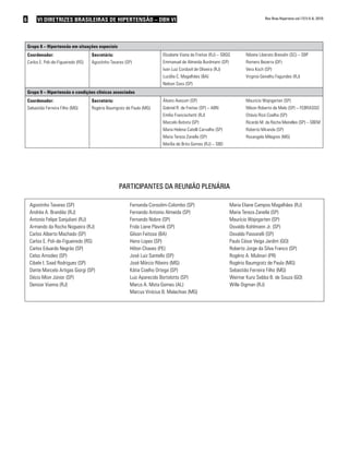 6        VI DIRETRIZES BRASILEIRAS DE HIPERTENSÃO – DBH VI                                                                          Rev Bras Hipertens vol.17(1):5-6, 2010.




    Grupo 8 – Hipertensão em situações especiais
    Coordenador:                        Secretário:                         Elizabete Viana de Freitas (RJ) – SBGG       Nilzete Liberato Bresolin (SC) – SBP
    Carlos E. Poli-de-Figueiredo (RS)   Agostinho Tavares (SP)              Emmanuel de Almeida Burdmann (SP)            Romero Bezerra (DF)
                                                                            Ivan Luiz Cordovil de Oliveira (RJ)          Vera Koch (SP)
                                                                            Lucélia C. Magalhães (BA)                    Virginia Genelhu Fagundes (RJ)
                                                                            Nelson Sass (SP)
    Grupo 9 – Hipertensão e condições clínicas associadas
    Coordenador:                        Secretário:                         Álvaro Avezum (SP)                           Maurício Wajngarten (SP)
    Sebastião Ferreira Filho (MG)       Rogério Baumgratz de Paula (MG)     Gabriel R. de Freitas (SP) – ABN             Nilson Roberto de Melo (SP) – FEBRASGO
                                                                            Emílio Francischetti (RJ)                    Otávio Rizzi Coelho (SP)
                                                                            Marcelo Batista (SP)                         Ricardo M. da Rocha Meirelles (SP) – SBEM
                                                                            Maria Helena Catelli Carvalho (SP)           Roberto Miranda (SP)
                                                                            Maria Tereza Zanella (SP)                    Rosangela Milagres (MG)
                                                                            Marília de Brito Gomes (RJ) – SBD




                                                      PaRticiPantes da Reunião PlenáRia

     Agostinho Tavares (SP)                                 Fernanda Consolim-Colombo (SP)                        Maria Eliane Campos Magalhães (RJ)
     Andréa A. Brandão (RJ)                                 Fernando Antonio Almeida (SP)                         Maria Tereza Zanella (SP)
     Antonio Felipe Sanjuliani (RJ)                         Fernando Nobre (SP)                                   Maurício Wajngarten (SP)
     Armando da Rocha Nogueira (RJ)                         Frida Liane Plavnik (SP)                              Osvaldo Kohlmann Jr. (SP)
     Carlos Alberto Machado (SP)                            Gilson Feitosa (BA)                                   Osvaldo Passarelli (SP)
     Carlos E. Poli-de-Figueiredo (RS)                      Heno Lopes (SP)                                       Paulo César Veiga Jardim (GO)
     Carlos Eduardo Negrão (SP)                             Hilton Chaves (PE)                                    Roberto Jorge da Silva Franco (SP)
     Celso Amodeo (SP)                                      José Luiz Santello (SP)                               Rogério A. Mulinari (PR)
     Cibele I. Saad Rodrigues (SP)                          José Márcio Ribeiro (MG)                              Rogério Baumgratz de Paula (MG)
     Dante Marcelo Artigas Giorgi (SP)                      Kátia Coelho Ortega (SP)                              Sebastião Ferreira Filho (MG)
     Décio Mion Júnior (SP)                                 Luiz Aparecido Bortolotto (SP)                        Weimar Kunz Sebba B. de Souza (GO)
     Denizar Vianna (RJ)                                    Marco A. Mota Gomes (AL)                              Wille Oigman (RJ)
                                                            Marcus Vinícius B. Malachias (MG)
 