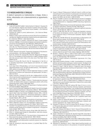 50      VI DIRETRIZES BRASILEIRAS DE HIPERTENSÃO – DBH VI                                                                                      Rev Bras Hipertens vol.17(1):44-51, 2010.

       Hipertensão arterial sistêmica secundária



7.12 medicamentos e dRoGas                                                                    25. Cooper CJ, Murphy TP, Matsumoto A, Steffes M, Cohen DJ, Jaff M, et al. Stent
                                                                                                  revascularization for the prevention of cardiovascular and renal events among
A tabela 6 apresenta os medicamentos e drogas, lícitas e                                          patients with renal artery stenosis and systolic hypertension: rationale and
ilícitas, relacionados com o desenvolvimento ou agravamento                                       design of the CORAL trial. Am Heart J. 2006;152:59-66.
                                                                                              26. Plouin PF, Chatellier G, Darne B, et al. Blood pressure outcome of angioplasty
da HAS.                                                                                           in atherosclerotic renal artery stenosis: a randomized trial. Essai Multi-
                                                                                                  centrique Medicaments vs. Angioplastie (EMMA) Study Group. Hypertension.
                                                                                                  1998;31:823-9.
ReFeRências                                                                                   27. Hollenberg NK. Medical therapy of renovascular hypertension: efficacy and safety
1.    Funder JW, Carey RM, Fardella C, Gomez-Sanchez CE, Mantero F, Stowasser M,                  of captopril in 269 patients. Cardiovasc Rev Repl. 1983;4:852-76.
      et al. Case detection, diagnosis and treatment of patients with primary aldos-          28. Olin JW. Role of duplex ultrasonography in screening for significant renal artery
      teronism: an Endocrine Society Clinical Practice Guideline. J Clin Endocrinol               disease. Urol Clin North Am. 1994;21:215-26.
      Metab. 2008;93:3266-81.                                                                 29. Luscher TF, Keller HM, Imhof HG, et al. Fibromuscular hyperplasia: extension
2.    Stowasser M. Update in primary aldosteronism. J Clin Endocrinol Metab.                      of the disease and therapeutic outcome: results of the University Hospital
      2009;94:3623-30.                                                                            Zurich Cooperative Study on Fibromuscular Hyperplasia. Nephron. 1986;44
3.    Wiebke A. A detour guide to the Endocrine Society Clinical Practice Guideline on            suppl 1:109-14.
      case detection, diagnosis and treatment of patients with primary aldosteronism.         30. Schreiber MJ, Pohl MA, Novick AC. The natural history of atherosclerotic and
      Eur J Endocrinol. 2009 Oct 1. [Epub ahead of print].                                        fibrous renal artery disease. Urol Clin North Am. 1984;11:383-92.
4.    Eisenhofer G, Siegert G, Kotzerke J, Bornstein SR, Pacak K. Current progress            31. Watson PS, Hadjipetrou P, Cox SV, Piemonte TC, Eisenhauer AC. Efect of renal
      and future challenges in the biochemical diagnosis and treatment of pheochro-               artery stenting on renal function and size in patients with atherosclerotic reno-
      mocytomas and paragangliomas. Horm Metab Res. 2008;40:329-447.                              vascular disease. Circulation. 2000;102:1671-7.
5.    Pacak K, Eisenhofer G, Ahlman H, Bornstein SR, Gimenez-Roquelo AP, Gros-                32. Nordmann AJ, Woo K, Parkes R, Logan AG. Ballon angioplasty or medical therapy
      sman AB, et al. Pheochromocytoma: recommendations for clinical practice                     for hypertensive patients with atherosclerotic renal artery stenosis? A meta-
      from the First International Symposium. Nat Clin Pract Endocrinol Metab. 2007;              analysis of randomized controlled trials. Am J Med. 2003;114:44-50.
      3:92-102.                                                                               33. Leertouwer TC, Gussenhoven EJ, Bosch JL, et al. Stent placement for renal artery
6.    Pacak K. Approach to the patient. Preoperative management of the pheochro-                  stenosis: where do we stand? A meta-analysis. Radiology. 2000;216:78-85.
      mocytoma patient. J Clin Endocrinol Metab. 2007;92:4069-79.                             34. Boisclair C, Therasse E, Oliva VL, Soulez G, Bui BT, Quérin S, et al. Treatment
7.    Duarte GC, Tomimori EK, Camargo RYA, Rubio IGS, Wajngarten M, Rodrigues                     of renal angioplasty failure by percutaneous renal artery stenting with palmaz
      AG, et al. The prevalence of thyroid dysfunction in elderly cardiology patients             stents. Am J Roentgenology. 1997;168:245-51.
      with mild excessive iodine intake in the urban area of São Paulo. Clinics.              35. Stanley JC. Surgical treatment of renavascular hypertension. Am J Surg.
      2009;64:135-42.                                                                             1997;174:102-10.
8.    Chiong JR, Aronow WS, Khan IA, Nair CK, Vijayaraghavan K, Dart RA, et                   36. Sleep-related breathing disorders in adults: recommendations for syndrome
      al. Secondary hypertension: Current diagnosis and treatment. Int J Cardiol.                 definition and measurement techniques in clinical research. The Report of an
      2008;124:6-21.                                                                              American Academy of Sleep Medicine Task Force. Sleep. 1999;22(5):667-89.
9.    Liu D, Jiang F, Shan Z, Wang B, Wang J, Lai Y, et al. A cross-sectional survey of       37. Peppard PE, Young T, Palta M, Skatrud J. Prospective study of the associa-
      relationship between serum TSH level and blood pressure. J Hum Hypertens.                   tion between sleep-disordered breathing and hypertension. N Engl J Med.
      2009; advance on line publication 25 june.                                                  2000;342:1378-84.
10.   Dernellis J, Panaretou M. Effects of thyroid replacement therapy on arterial            38. Nieto FJ, Young TB, Lind BK, Shahar E, Samet JM, Redline S, et al. Association of
      blood pressure in patients with hypertension and hypothyroidism. Am Heart J.                sleep-disordered breathing, sleep apnea, and hypertension in a large community-
      2002;143:718-24.                                                                            based study. Sleep Heart Health Study. JAMA. 2000;283(14):1829-36. [Erratum
11.   Volzke H, Ittermann T, Schmidt CO, Dorr M, John U, Wallaschofski H, et al. Sub-             in: JAMA. 2002;288(16):1985.]
      clinical hyperthyroidism and blood pressure in a population-based prospective           39. Lavie P, Herer P, Hoffstein V. Obstructive sleep apnoea syndrome as a risk factor
      cohort study. Eur J End. 2009;161:615-21.                                                   for hypertension: population study. BMJ. 2000;320(7233):479-82.
12.   Heyliger A , Tangpricha V, Weber C, Sharma J. Parathyroidectomy decreases               40. Brooks D, Horner RL, Kozar LF, Render-Teixeira CL, Phillipson EA. Obstructive
      systolic and diastolic blood pressure in hypertensive patients with primary                 sleep apnea as a cause of systemic hypertension. Evidence from a canine model.
      hyperparathyroidism. Surgery. 2009;146(6):1042-7.                                           J Clin Invest. 1997;99(1):106-9.
13.   Magiakou MA, Smymaki P, Chrousos GP. Hypertension in Cushing’s syndrome.                41. Chobanian AV, Bakris GL, Black HR, Cushman WC, Green LA, Izzo JL Jr, et al.;
      Clin Endocrinol Metab. 2006;20:467-82.                                                      Joint National Committee on Prevention, Detection, Evaluation, and Treatment
14.   Ezzat S, Foster MJ, Berchtold P, Redelmeier DA, Boerlin V, Harris AG. Acromegaly:           of High Blood Pressure. National Heart, Lung, and Blood Institute; National High
      clinical and biochemical features in 500 patients. Medicine. 1994;73:233-40.                Blood Pressure Education Program Coordinating Committee. Seventh report of
15.   Webb GD, Smallhorn JF, Therrien J, et al. Congenital heart disease. In: Braunwald E,        the Joint National Committee on Prevention, Detection, Evaluation, and Treat-
      Zipes D, Libby P (eds). Heart Disease. Philadelphia: Elsevier; 2005. p. 1532-35.            ment of High Blood Pressure. Hypertension. 2003;42(6):1206-52.
16.   Elliott WJ. Secondary hypertension: renovascular hypertension. In: Black H,             42. Sjöström C, Lindberg E, Elmasry A, Hägg A, Svärdsudd K, Janson C. Prevalence
      Elliott WG (eds). Hypertension: a Companion to Braunwald’s Heart Disease.                   of sleep apnoea and snoring in hypertensive men: a population based study.
      Saunders Elsevier; 2007. p. 93-105.                                                         Thorax. 2002;57(7):602-7.
17.   Uzu T, Inoue T, Fujii T, et al. Prevalence and predictors of renal artery stenosis in   43. Drager LF, Genta PR, Pedrosa RP, Nerbass FB, Gonzaga CC, Krieger EM, et al.
      patients with myocardial infarction. Am J Kidney Dis. 1997;29:733-8.                        Characteristics and predictors of obstructive sleep apnea in patients with
18.   Wilms G, Marchal G, Peene P, et al. The angiographic incidence of renal artery              systemic hypertension. Am J Cardiol. 2010 (in press).
      stenosis in the arteriosclerotic population. Eur J Radiol. 1990;10:195-7.               44. Gonçalves SC, Martinez D, Gus M, de Abreu-Silva EO, Bertoluci C, Dutra I, et
19.   Swartbol P, Thorvinger BO, Parsson H, et al. Renal artery stenosis in patients with         al. Obstructive sleep apnea and resistant hypertension: a case-control study.
      peripheral vascular disease and its correlation to hypertension: a retrospective            Chest. 2007;132(6):1858-62.
      study. Int Angiol. 1992;11:195-9.                                                       45. Logan AG, Perlikowski SM, Mente A, Tisler A, Tkacova R, Niroumand M, et al.
20.   Safian RD, Textor SC. Renal-artery stenosis. N Engl J Med. 2001;344:431-42.                 High prevalence of unrecognized sleep apnoea in drug-resistant hypertension.
21.   White CJ. Catheter-based therapy for atherosclerotic renal artery stenosis.                 J Hypertens. 2001;19(12):2271-7.
      Circulation. 2006;113:1464-73.                                                          46. Drager LF, Bortolotto LA, Figueiredo AC, Silva BC, Krieger EM, Lorenzi-Filho G.
22.   Schreiber MJ, Pohl MA, Novick AC. The natural history of atherosclerotic and                Obstructive sleep apnea, hypertension and their interaction on arterial stiffness
      fibrous renal artery disease. Urol Clin North Am. 1984;11:383-92.                           and heart remodeling. Chest. 2007;131:1379-86.
23.   Zierler RE, Bergelin RO, Davidson RC, et al. A prospective study of disease pro-        47. Drager LF, Bortolotto LA, Krieger EM, Lorenzi-Filho G. Additive effects of obstruc-
      gression in patients with atherosclerotic renal artery stenosis. Am J Hypertens.            tive sleep apnea and hypertension on early markers of carotid atherosclerosis.
      1996;9:1055-6.                                                                              Hypertension. 2009;53(1):64-9.
24.   Zierler RE. Screening for renal artery stenosis: is it justified? Mayo Clin Proc.       48. Silverberg DS, Oksenberg A, Iaina A. Sleep related breathing disorders are
      2002;77:307-8.                                                                              common contributing factors to the production of essential hypertension
 
