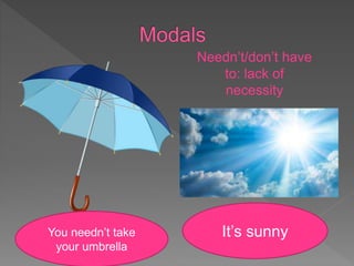 It’s sunny
You needn’t take
your umbrella
Needn’t/don’t have
to: lack of
necessity
 