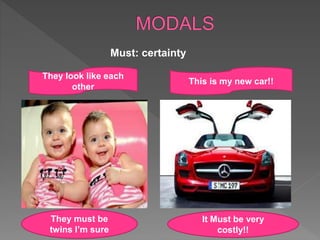 They look like each
other
They must be
twins I’m sure
This is my new car!!
It Must be very
costly!!
Must: certainty
 