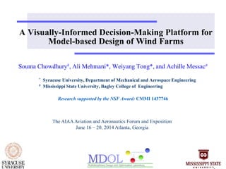 A Visually-Informed Decision-Making Platform for 
Model-based Design of Wind Farms 
Souma Chowdhury#, Ali Mehmani*, Weiyang Tong*, and Achille Messac# 
* Syracuse University, Department of Mechanical and Aerospace Engineering 
# Mississippi State University, Bagley College of Engineering 
Research supported by the NSF Award: CMMI 1437746 
The AIAA Aviation and Aeronautics Forum and Exposition 
June 16 – 20, 2014 Atlanta, Georgia 
 