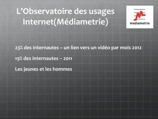 L’Observatoire des usages
  Internet(Médiametrie)

23% des internautes – un lien vers un vidéo par mois 2012

19% des internautes -- 2011

Les jeunes et les hommes
 
