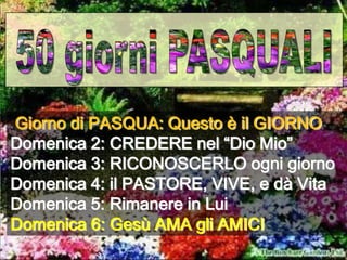 Giorno di PASQUA: Questo è il GIORNO
Domenica 2: CREDERE nel “Dio Mio”
Domenica 3: RICONOSCERLO ogni giorno
Domenica 4: il PASTORE, VIVE, e dà Vita
Domenica 5: Rimanere in Lui
Domenica 6: Gesù AMA gli AMICI
 