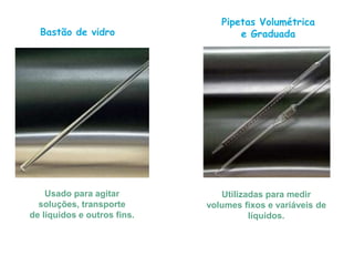 Bastão de vidro
Usado para agitar
soluções, transporte
de líquidos e outros fins.
Pipetas Volumétrica
e Graduada
Utilizadas para medir
volumes fixos e variáveis de
líquidos.
 