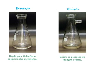 Erlenmeyer
Usado para titulações e
aquecimentos de líquidos.
Kitassato
Usado no processo de
filtração à vácuo.
 