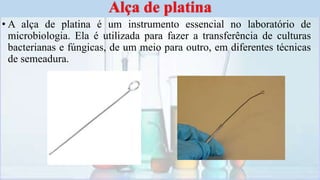 • A alça de platina é um instrumento essencial no laboratório de
microbiologia. Ela é utilizada para fazer a transferência de culturas
bacterianas e fúngicas, de um meio para outro, em diferentes técnicas
de semeadura.
Alça de platina
 