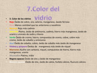 •   3. Color de los vidrios
•   Rojo Óxido de cobre, oro, selenio, manganeso, óxodo ferroso
•   Rosa Menos cantidad que los anteriores o neodimio
•   Naranja Rojo más cadmio
•   Amarillo Plomo, óxido de antimonio, cadmio, hierro más manganeso, óxido de
    uranio y uronato de sodio y titanio
•   Verde Óxido de cromo, hierro, compuestos de uranio, cobre, cobre más
    cromo, óxido de cobalto y antimonio
•   Azul Óxido de cobalto, cobre, óxido de cobalto más óxido de manganeso
•   Violeta y púrpura Óxidos de manganeso más óxido de niquel
•   Marrones Azufre con carbono, niquel, compuestos de hierro, hierro más
    manganeso, uranio
•   Ahumados Platino, iridio
•   Negros opacos Óxido de zinc y óxido de manganeso
•   Blancos opacos Óxido de zinc, óxido de calcio, fosfato cálcico, fluoruro cálcico.
 