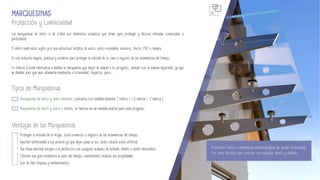 10
Protección frente a inclemencias meteorológicas sin perder luminosidad,
con líneas discretas que combinan con cualquier diseño y acabado.
Protección y Luminosidad
MARQUESINAS
Las marquesinas de vidrio o de cristal son elementos voladizos que sirven para proteger y decorar entradas comerciales o
particulares.
El vidrio suele estar sujeto por una estructura metálica de acero, acero inoxidable, aluminio, hierro, PVC o madera.
Es una solución segura, práctica y moderna para proteger la entrada de tu casa o negocio de las inclemencias del tiempo.
En Vidrios Coruña fabricamos a medida la marquesina que mejor se adapte a tu proyecto, siempre con la máxima seguridad, ya que
se diseñan para que sean altamente resistentes a la humedad, impactos, peso...
Tipos de Marquesinas
Marquesinas de vidrio y acero estándar, contamos con medidas estándar | 1metro | 1,5 metros | 2 metros |
Marquesinas de vidrio y acero a medida, se fabrican en las medidas exactas para cada proyecto.
Ventajas de las Marquesinas
Protegen la entrada de tu hogar, local comercial o negocio de las inclemencias del tiempo.
Aportan luminosidad a los accesos ya que dejan pasar la luz, tanto natural como artificial.
Sus líneas sencillas encajan a la perfección con cualquier acabado de fachada, diseño o estilo decorativo.
Ofrecen una gran resistencia al paso del tiempo, manteniendo intactas sus propiedades.
Son de fácil limpieza y mantenimiento.
 
