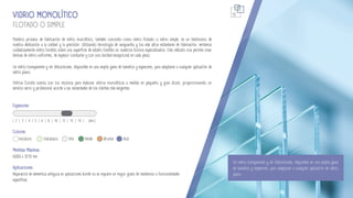 15
Un vidrio transparente y sin distorsiones, disponible en una amplia gama
de tamaños y espesores, para adaptarse a cualquier aplicación de vidrio
plano.
FLOTADO O SIMPLE
VIDRIO MONOLÍTICO
Nuestro proceso de fabricación de vidrio monolítico, también conocido como vidrio flotado o vidrio simple, es un testimonio de
nuestra dedicación a la calidad y la precisión. Utilizando tecnología de vanguardia y los más altos estándares de fabricación, vertemos
cuidadosamente vidrio fundido sobre una superficie de estaño fundido en nuestros hornos especializados. Este método nos permite crear
láminas de vidrio uniformes, de espesor constante y con una claridad excepcional en cada pieza.
| 2 | 3 | 4 | 5 | 6 | 8 | 10 | 12 | 15 | 19 | (mm.)
Espesores
Colores
Incoloro Extraclaro Gris Verde Bronce Azul
Medidas Máximas
6000 x 3210 mm.
Aplicaciones
Reparación de elementos antiguos en aplicaciones donde no se requiere un mayor grado de resistencia o funcionalidades
específicas.
Un vidrio transparente y sin distorsiones, disponible en una amplia gama de tamaños y espesores, para adaptarse a cualquier aplicación de
vidrio plano.
Vidrios Coruña cuenta con los recursos para elaborar vidrios monolíticos a medida en pequeño y gran stock, proporcionando un
servicio serio y profesional acorde a las necesidades de los clientes más exigentes.
 