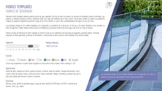 VIDRIO DE SEGURIDAD
VIDRIO TEMPLADO
Fabricamos vidrio templado mediante nuestros hornos de gran capacidad. Este tipo de vidrio se somete a un proceso de tratamiento térmico controlado, que
aumenta su resistencia mecánica y térmica, haciéndolo hasta cinco veces más resistente que el vidrio común. Este proceso también le confiere la propiedad de
romperse en pequeños fragmentos granulares en lugar de en trozos afilados, lo que lo hace considerablemente más seguro en caso de rotura.
Las principales ventajas de los cristales templados son la seguridad y la resistencia de la estructura, de ahí que a los vidrios templados se les considere un
vidrio de seguridad. También resisten cambios bruscos de temperatura y tensiones térmicas seis veces mayor que las de un cristal sin templar.
Las principales ventajas de los cristales templados son su seguridad, así como su
resistencia estructural, especialmente frente a tensiones térmicas.
17
Nuestro proceso de fabricación de vidrio templado en Vidrios Coruña es una combinación de tecnología de vanguardia y artesanía experta. Utilizando
maquinaria de última generación y técnicas de enfriamiento, transformamos el vidrio común en vidrio templado de la más alta calidad.
| 3 | 4 | 5 | 6 | 8 | 10 | 12 | 15 | 19 | (mm.)
Espesores
Colores
Medidas Máximas
6000 x 3210 mm.
Aplicaciones
Puertas de baño, mamparas de oficina, puertas de acceso, encimeras, mesas de comedor, fachadas estructurales, muros
cortina, cierres de porches, techos, cortinas de cristal, locales comerciales, tabiques, barandillas y cualquier tipo que el
vidrio que necesite perforaciones, muescas o escuadras.
Colores muy transparentes, se pueden realizar serigrafias de colores sobre el vidrio impresas. Vidrios antifuego EI-120.
Fijaciones
Botones, pinzas, perfiles de barandillas según la carga de viento desde 0,8 KN/M hasta 3,0 KN/M., estructuras de
aluminio, acero, pvc, madera.
Incoloro Extraclaro Mate Gris Verde Bronce Azul Serigrafía
 