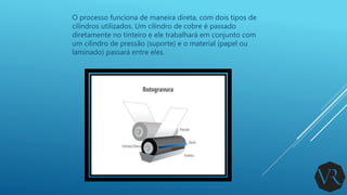 O processo funciona de maneira direta, com dois tipos de
cilindros utilizados. Um cilindro de cobre é passado
diretamente no tinteiro e ele trabalhará em conjunto com
um cilindro de pressão (suporte) e o material (papel ou
laminado) passará entre eles.
 
