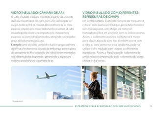 VIDRO INSULADO (CÂMARA DE AR)
O vidro insulado é aquele montado a partir da união de
duas ou mais chapas de vidro, com uma câmara de ar,
ou gás nobre entre as chapas. Uma câmara de ar mais
espessa proporciona maior isolamento acústico. O vidro
insulado pode ainda ser composto por chapas mais
espessas ou com vidros laminados, atingindo-se elevados
graus de isolamento acústico.
Exemplo: uma divisória com vidro duplo e grossa câmara
de ar faz o fechamento da sala de embarque para a pista
do aeroporto de Florianópolis. Os vidros foram montados
nas extremidades da parede, garantindo a espessura
máxima possível para a câmara de ar.
VIDRO INSULADO COM DIFERENTES
ESPESSURAS DE CHAPA
Em contrapartida, existe o fenômeno da “frequência
crítica”, pelo qual se verifica que, para determinados
sons mais agudos, uma chapa de material
homogêneo vibra em sincronia com as ondas sonoras.
Assim, o isolamento acústico do material é menor
para alguns tipos de som. Isso também ocorre com
o vidro e, para contornar esse problema, pode-se
utilizar vidro insulado com chapas de diferentes
espessuras. Assim, a fragilidade de isolamento de
uma chapa é compensada pelo isolamento da outra
chapa e vice-versa.
10
ESTRATÉGIAS PARA APRIMORAR O DESEMPENHO DO VIDRO
Shutterstock
 