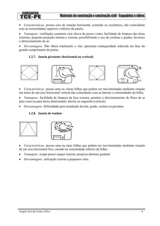 • Características: possui eixo de rotação horizontal, centrado ou excêntrico, não coincidente
com as extremidades superior e inferior da janela;
• Vantagens: ventilação constante com chuva de pouco vento; facilidade de limpeza das áreas
externas; pequena projeção interna e externa, possibilitando o uso de cortinas e grades; favorece
o direcionamento de ar;
• Desvantagens. Não libera totalmente o vão; apresenta estanqueidade reduzida em face do
grande comprimento de juntas.
1.2.7. Janela pivotante (horizontal ou vertical)
• Características: possui uma ou várias folhas que podem ser movimentadas mediante rotação
em torno de um eixo horizontal vertical não coincidente com as laterais e extremidades da folha;
• Vantagens: facilidade de limpeza da face externa; permite o direcionamento do fluxo de ar
para cima ou para baixo (horizontal), direita ou esquerda (vertical);
• Desvantagens. Dificuldade para instalação da tela, grade, cortina ou persiana.
1.2.8. Janela de tombar
• Características: possui uma ou mais folhas que podem ser movimentadas mediante rotação
de um eixo horizontal fixo, situado na extremidade inferior da folha;
• Vantagens: ocupa pouco espaço interno; propicia abertura gradual;
• Desvantagens: utilização restrita a pequenos vãos.
Angelo Just da Costa e Silva 8
 