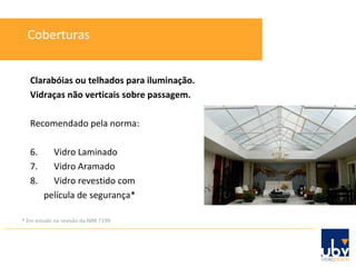 Clarabóias ou telhados para iluminação. Vidraças não verticais sobre passagem. Recomendado pela norma:  Vidro Laminado Vidro Aramado Vidro revestido com  película de segurança* * Em estudo na revisão da NBR 7199 Coberturas 