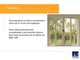 - Para esquadrias se utiliza normalmente vidros de 3 e 4 mm sem lapidação. - Esses vidros precisam estar encaixilhados e seu tamanho máximo deve estar de acordo com as tabelas da NBR 7199 Esquadrias 